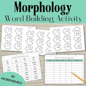 May include: A word-building activity set titled "Morphology Word Building Activity". It features puzzle pieces with prefixes and suffixes, a morpheme mix sheet, and a word sort tracking sheet. A pencil is also included.