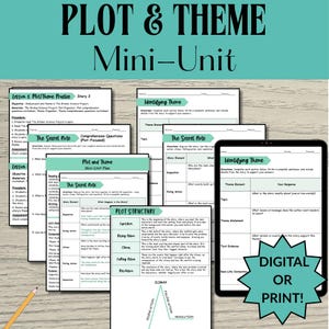 May include: A collection of educational worksheets and a tablet displaying a digital worksheet, all focused on plot and theme analysis. The worksheets include titles like "The Secret Note" and "Plot Structure." The text "DIGITAL OR PRINT!" is also visible.