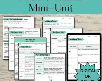Plot & Theme Mini Unit Middle School, Reading Comprehension Worksheets, Literary Analysis Short Stories