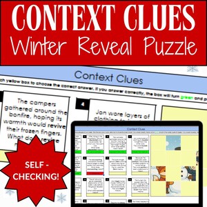 Puede incluir: Un rompecabezas educativo digital titulado "Context Clues Winter Reveal Puzzle" con texto en una pancarta roja. La imagen muestra una computadora portátil que muestra el rompecabezas, con cuadros de texto y una función de autocorrección. El tema es el invierno.