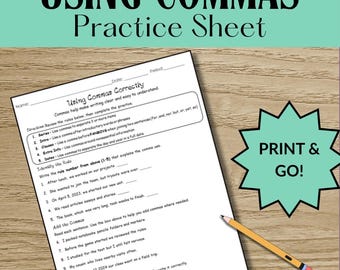 Comma Rules Practice Worksheet | Middle School Grammar One Pager | Printable PDF