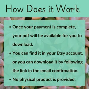 Pu&ograve; includere: Grafica turchese con testo nero che spiega come funziona il download digitale. Il testo recita "How Does it Work", seguito dalle istruzioni sulla disponibilit&agrave; del PDF, l'accesso all'account Etsy e il link via email. Nessun prodotto fisico &egrave; fornito.