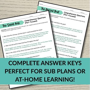 Pu&ograve; includere: Due fogli di lavoro con domande di comprensione sulla trama, intitolati "The Secret Note" e "The Missed Goal". I fogli di lavoro sono progettati per l'apprendimento a casa o per piani di sostituzione. Il testo "COMPLETE ANSWER KEYS" &egrave; visualizzato in basso.