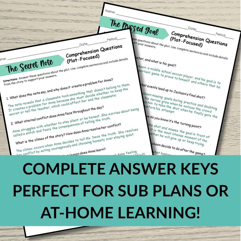 Pu&ograve; includere: Due fogli di lavoro con domande di comprensione sulla trama, intitolati "The Secret Note" e "The Missed Goal". I fogli di lavoro sono progettati per l'apprendimento a casa o per piani di sostituzione. Il testo "COMPLETE ANSWER KEYS" &egrave; visualizzato in basso.