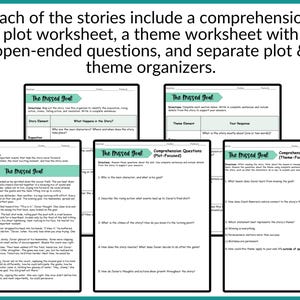 Pu&ograve; includere: Vengono mostrati fogli di lavoro didattici per la storia "The Missed Goal". I fogli di lavoro includono domande di comprensione, organizzatori di trama e tema e domande aperte. Il testo sui fogli di lavoro &egrave; nero.