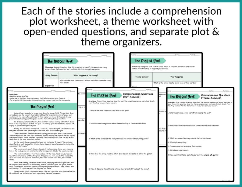 Pu&ograve; includere: Vengono mostrati fogli di lavoro didattici per la storia "The Missed Goal". I fogli di lavoro includono domande di comprensione, organizzatori di trama e tema e domande aperte. Il testo sui fogli di lavoro &egrave; nero.