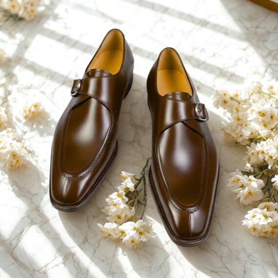 Handmade Brown Monk Strap Shoes for Men Formal Dress Shoes, Genuine Leather