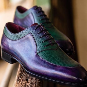 Handcrafted Purple Green Leather Oxford Dress Shoes, Two-Tone Formal Wedding Menswear