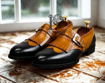 Handgemaakte tweekleurige leren schoenen voor heren, mosterdgeel en zwarte formele kledingschoenen
