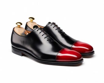 Zapatos Oxford de cuero negro para hombre con puntera roja / Zapatos formales bicolor / Zapatos Oxford de lujo con puntera de charol para hombre