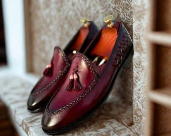 Handmade Burgundy Leather Tassel Loafers: Men's Formal Dress Shoes