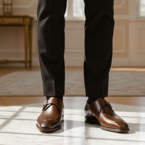 Op de afbeelding: Een paar gepolijste bruine leren schoenen met een enkele zilverkleurige gespsluiting, gedragen met een donkere broek en zwarte sokken. Het schoeisel heeft een gladde afwerking, een afgeronde neus en een lage hak in een klassiek ontwerp.