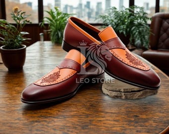 Handmade Embroidered Dark Brown & Tan Leather Loafers  Slip On Shoes Dress Loafers Custom Footwear