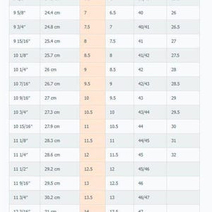 Op de afbeelding: Een maattabel voor schoenen met de titel Shoes Length and Width Charts. De tabel toont kolommen voor lengte in inches en centimeters, naast de bijbehorende Amerikaanse, Britse, Europese en Japanse schoenmaten in een raster.