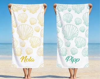 Aangepaste zeeschelp strandlaken, gepersonaliseerde kinderbadhanddoek, reishanddoek met naam, gunsten voor zwembadfeest, cadeau voor strandroeping, cadeau voor strandliefhebbers