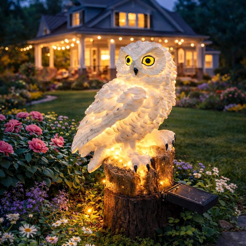 Lámpara solar de búho para jardín: lámpara LED impermeable para exteriores, decoración realista de búho para césped y jardín.