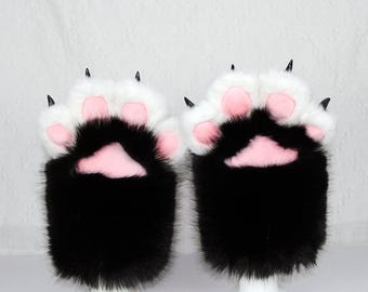Kawaii Faux Fur Paws: Black Cat Costume Gloves with Claws