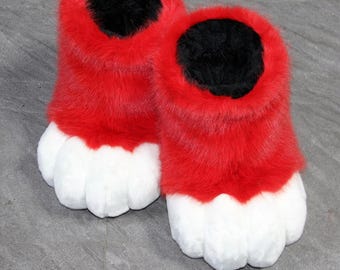 Red Furry Feetpaws, Fursuit Cosplay Foot Paws, Cat Paw Shoes, Plush Footwear, Outdoor Feetpaw
