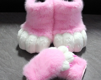Pink Furry Hand & Feet Paws, Cosplay Fursuit Accessories, Plush Paw Gloves Foot Covers, Cat Feetpaws Handpaws, Halloween Gift