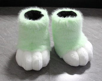 Pastel Mint Green Cat Paw Shoes | Soft Plush Cosplay Footwear | Comfortable Neko Costume Boots