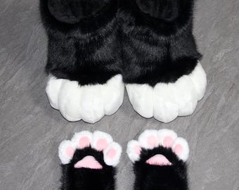 Black fursuit paws set: handmade outdoor furry paw shoes, cat paw gloves, Cosplay handpaws, Fur feetpaws
