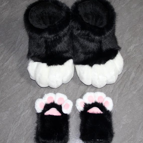 Black fursuit paws set: handmade outdoor furry paw shoes, cat paw gloves, Cosplay handpaws, Fur feetpaws