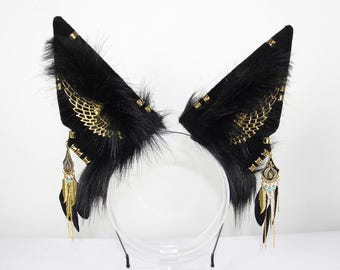 Black Anubis Headband: Gold Metal and Black Feathers - Egyptian Mythology Hair Accessory