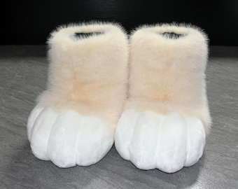Soft Cream Fleece Animal Paw Slippers | Sizes 4-12 | Cozy Plush Indoor Shoes