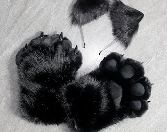 Conjunto de luvas e tiara com orelhas de gato e cachorro pretos para crianças, acessórios de fantasia de Halloween, luvas e orelhas de gatinho peludo, fantasia fofa.