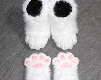White Cat Paws Set | Kids Furry Handpaws Feetpaws, Halloween Gift, Fursuit Accessories, Faux Fur Cat Cosplay Props
