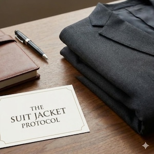 Op de afbeelding: Een gevouwen antracietgrijze colbertjas ligt op een houten oppervlak, naast een bruin leren notitieboek en een zilveren en zwarte pen. Een witte kaart met de tekst "THE SUIT JACKET PROTOCOL" staat op de voorgrond. Professioneel thema.
