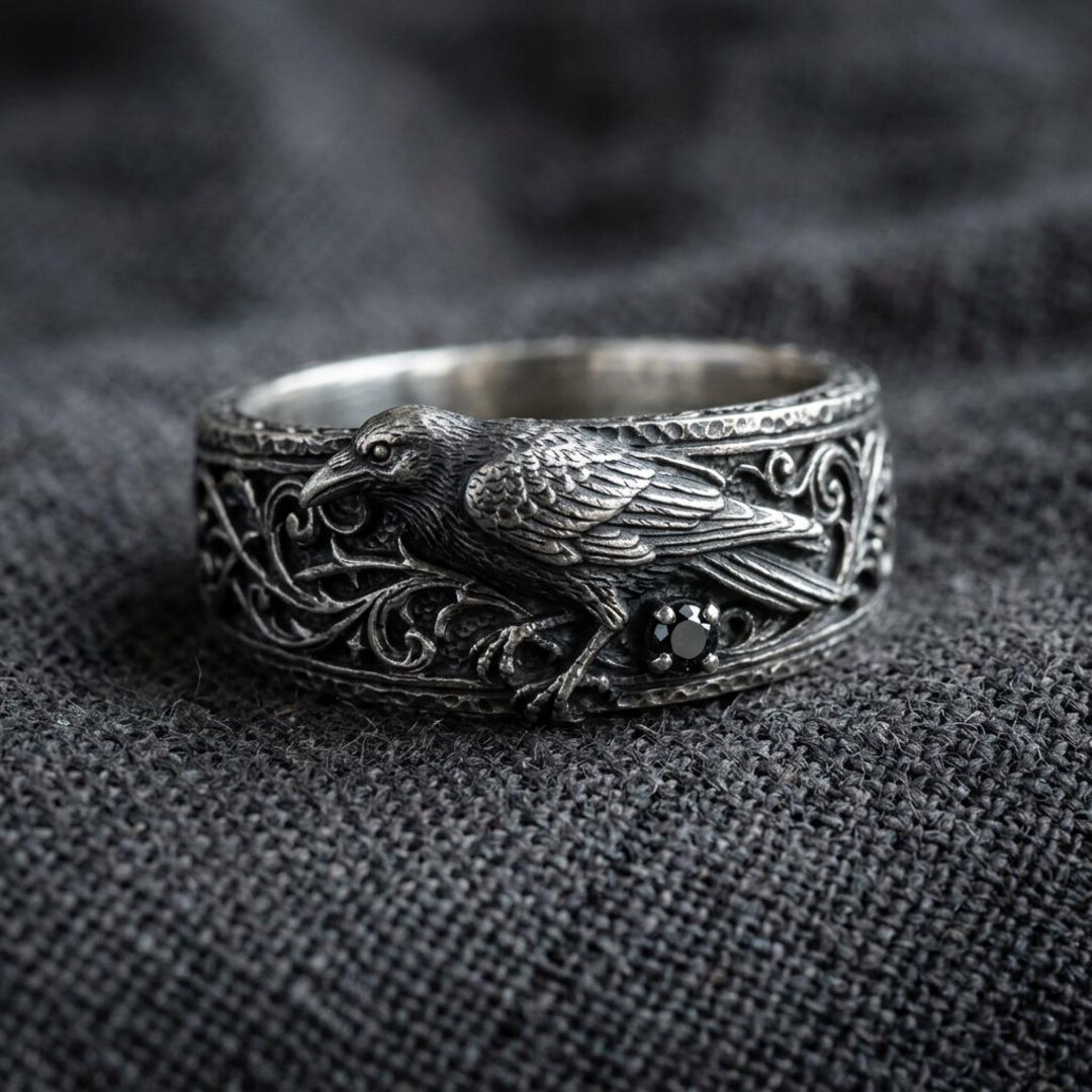 Raven Ring Silver Bird Band With Black Stone Gothic Filigree Nature ...