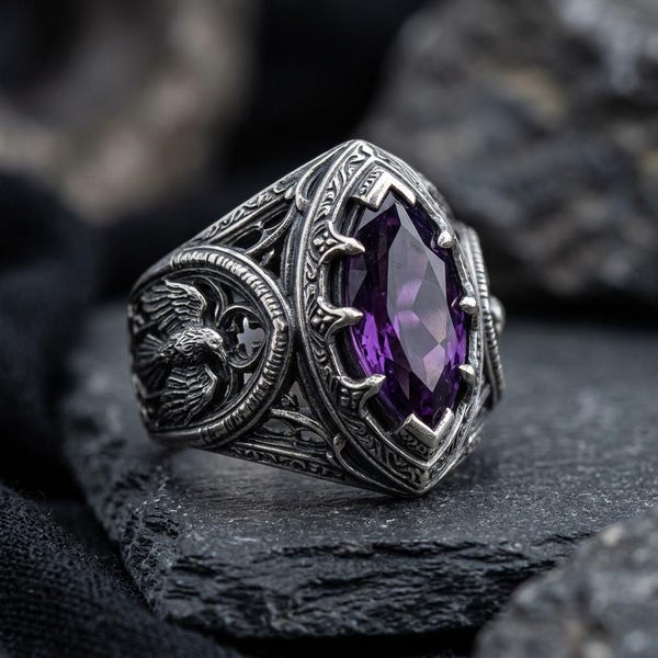 Silver Gothic Eagle Ring with Purple Marquise Stone Filigree Statement Band
