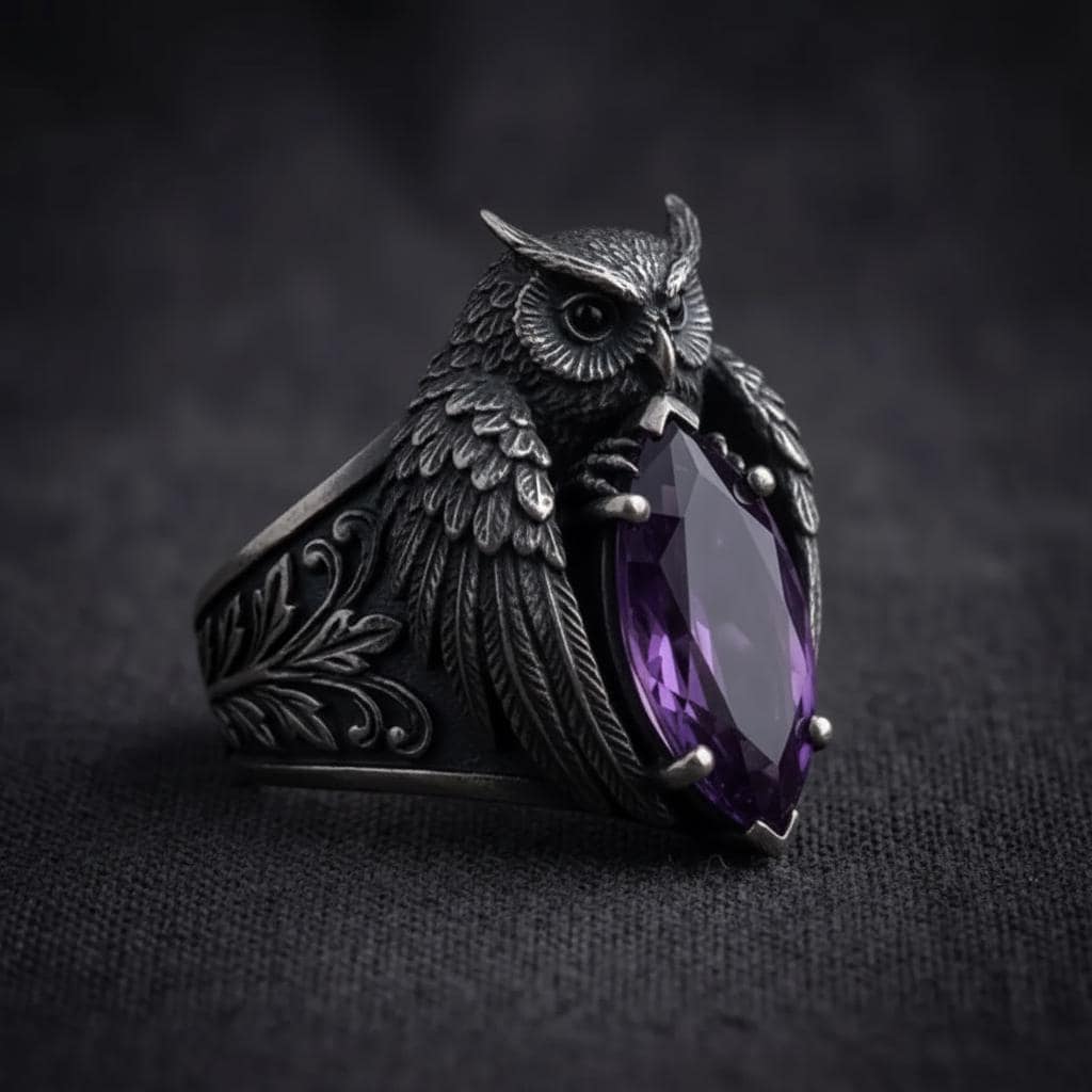 Owl Statement Ring with Purple Stone, Gothic Sterling Silver Bird Ring, Fantasy Cocktail Ring for Wo