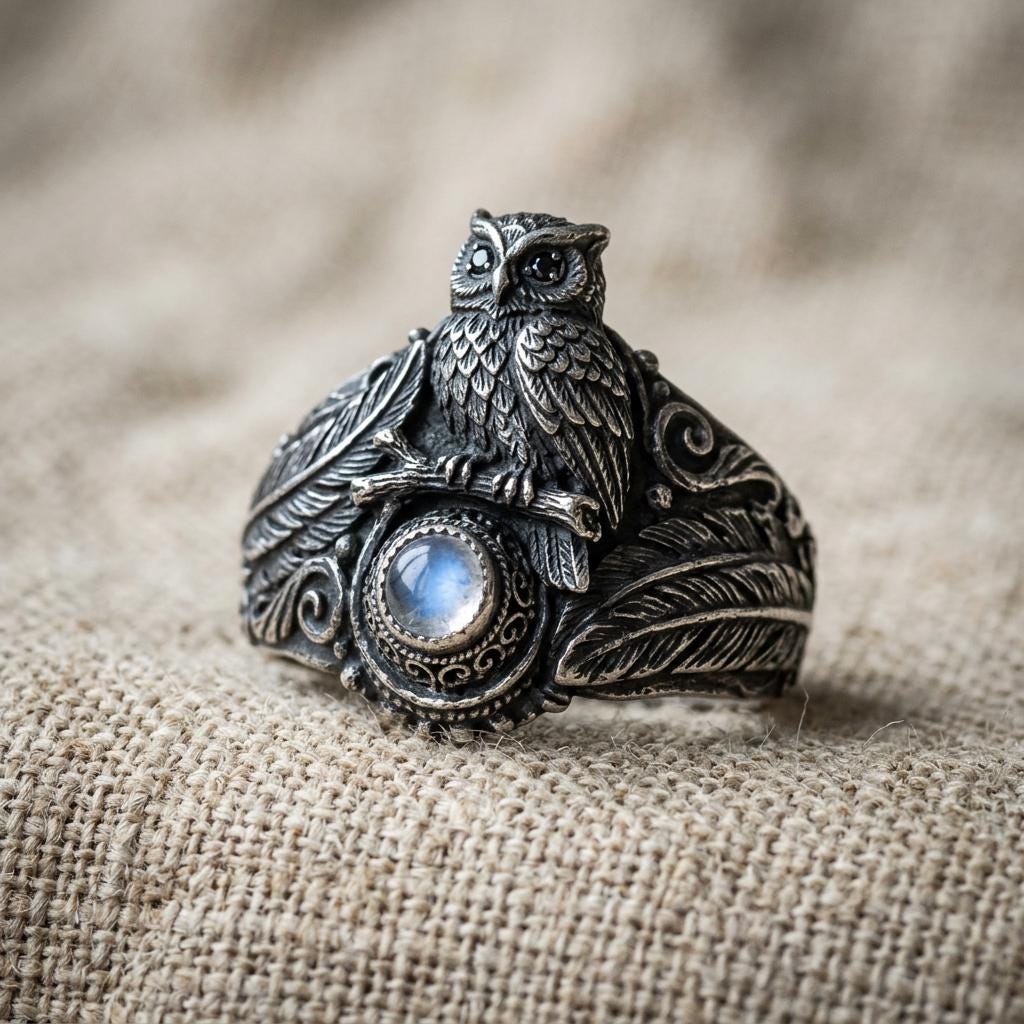 Gothic Owl Ring, Silver Owl Ring with Moonstone Color Stone, Feather Band and Moonlit Forest Design