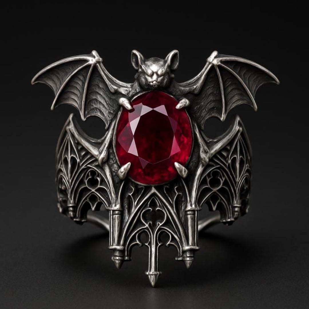 Goth Rings Bat Ring Silver Gothic Cathedral Ring With Oval Center Stone Dark ...