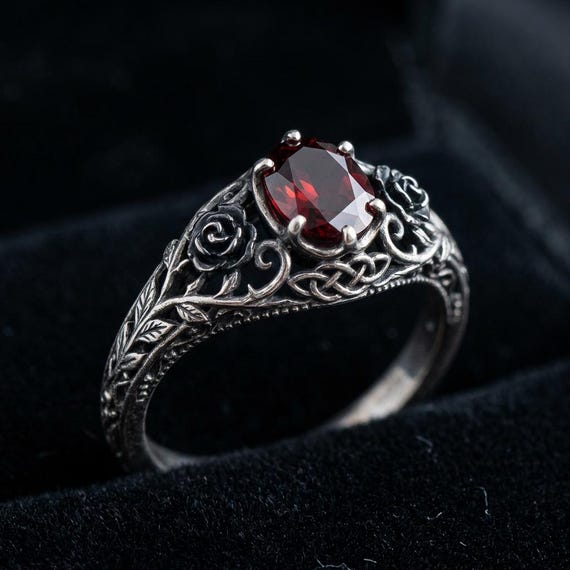 Silver Rose Engagement Ring with Red Stone, Vintage Gothic Floral Band