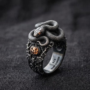 Gothic Snake Pumpkin Ring, Silver Animal Halloween Band with Orange Stone Accent