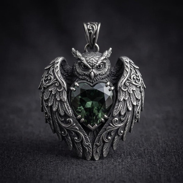 Owl Pendant Necklace Silver Dark Green Heart Stone Winged Bird Charm