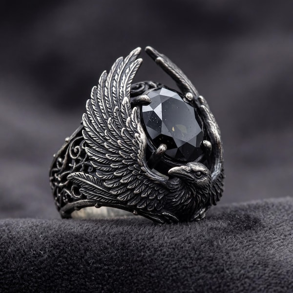 Phoenix Bird Ring with Black Stone, Silver Gothic Statement Openwork Band