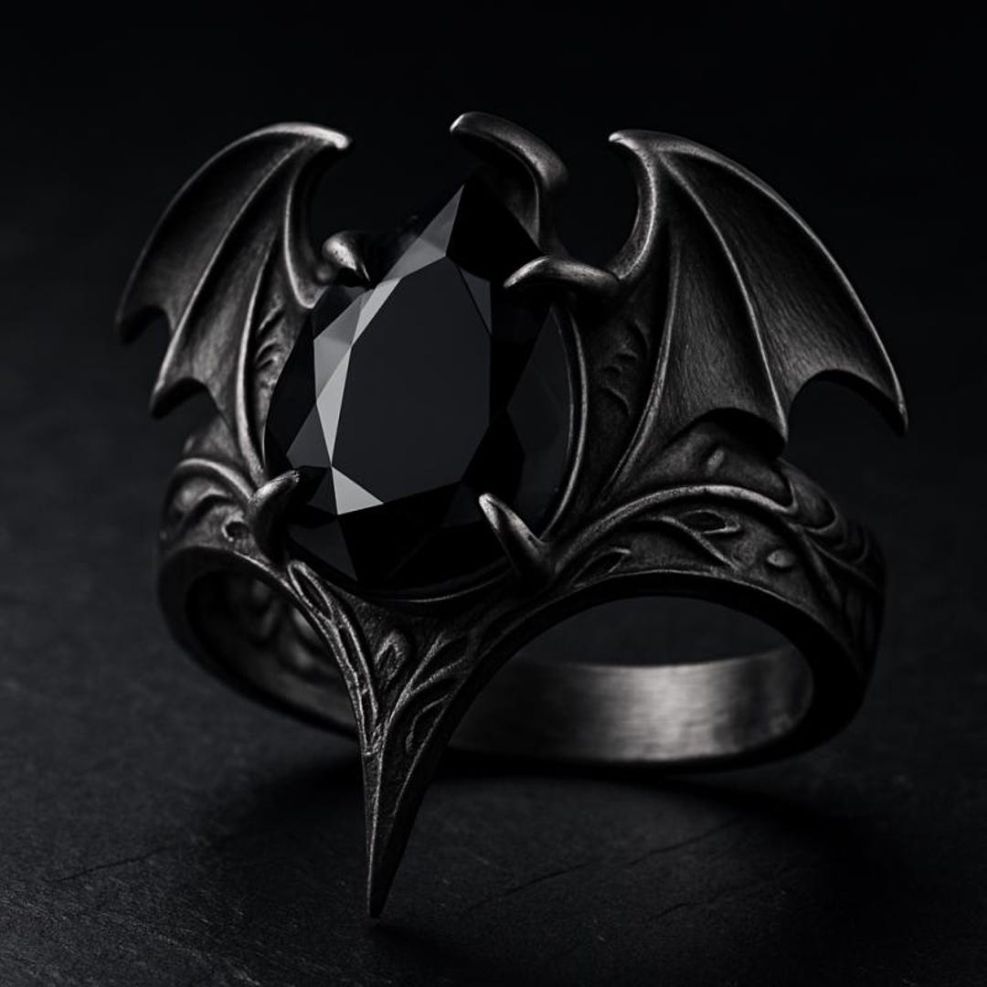Bat Wing Ring Silver Gothic Black Stone Statement Ring Dark Fantasy ...