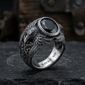Raven Silver Ring with Black Stone Gothic Bird Signet Band