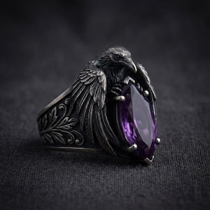 Bague gothique gothique marquise corbeau, bijoux oiseau fantaisie sombre, option de couleur personnalisable