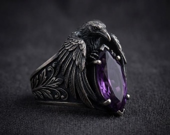 Gothic Raven Marquise Gem Statement Ring, Dark Fantasy Bird Jewelry, Customizable Color Option