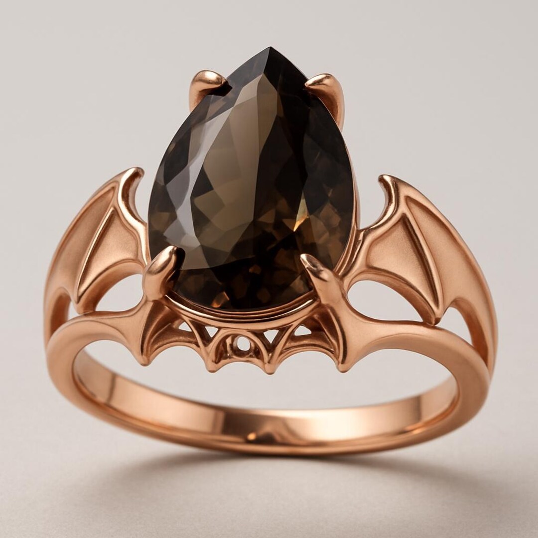 Gothic Bat Wing Ring Rose Gold, Pear Smoky Quartz Statement Ring ...