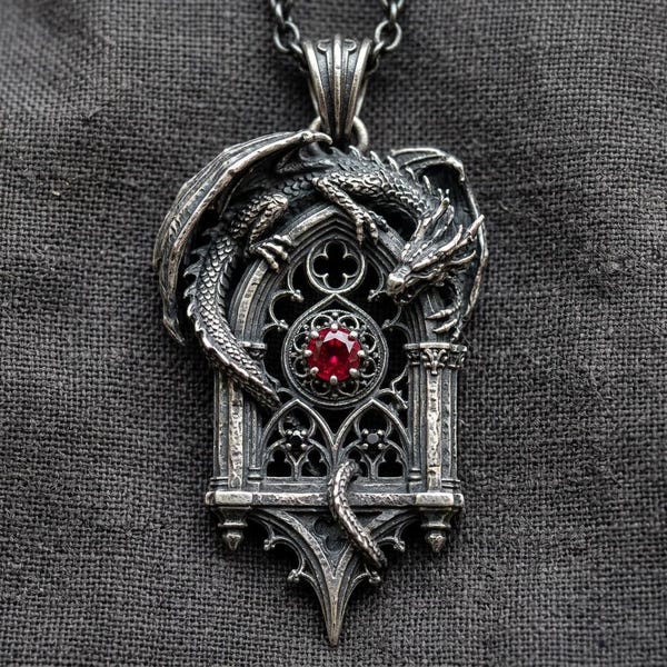 Collier dragon gothique en arc avec pendentif en argent et pierre rouge, bijoux médiévaux-fantastiques