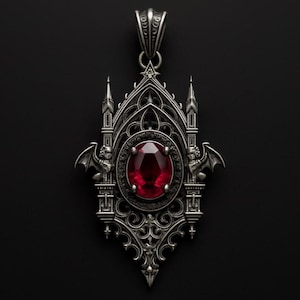 Könnte beinhalten: Silberner Anhänger mit gotischem Kathedralen-Design, mit einem großen, oval geschliffenen roten Edelstein in der Mitte. Der Anhänger hat aufwendige Details, darunter Wasserspeier und Türme, und ist an einer dekorativen Öse aufgehängt.