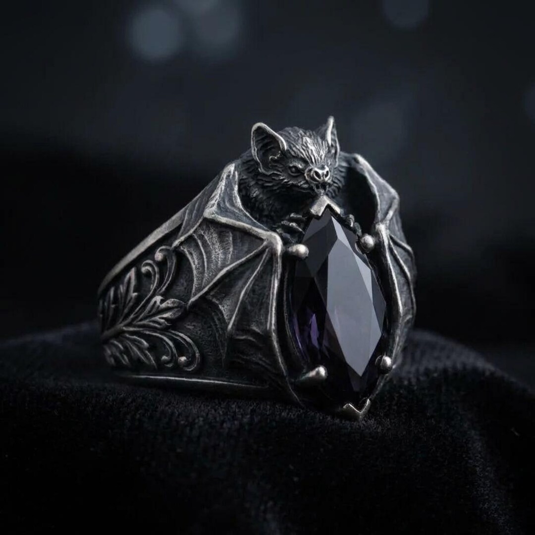 Gothic Bat Ring, Marquise Dark Gemstone, Oxidized Silver Tone Statement ...
