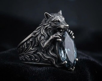 Gothic Wolf Ring, Marquise Blue Gemstone, Oxidized Silver Tone, Viking Style Jewelry