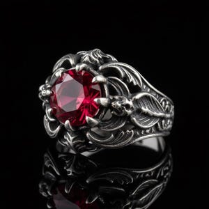 May include: A silver-toned ring with a large, faceted, red gemstone at its center. The ring features an ornate, detailed design with floral and leaf motifs. The ring is displayed against a black background, with its reflection visible.
